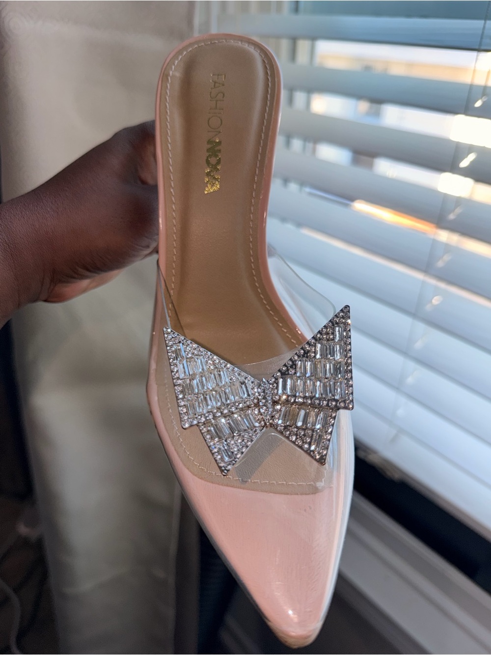 Fashion Nova Pink Patent Mule with Crystal Bow Accent